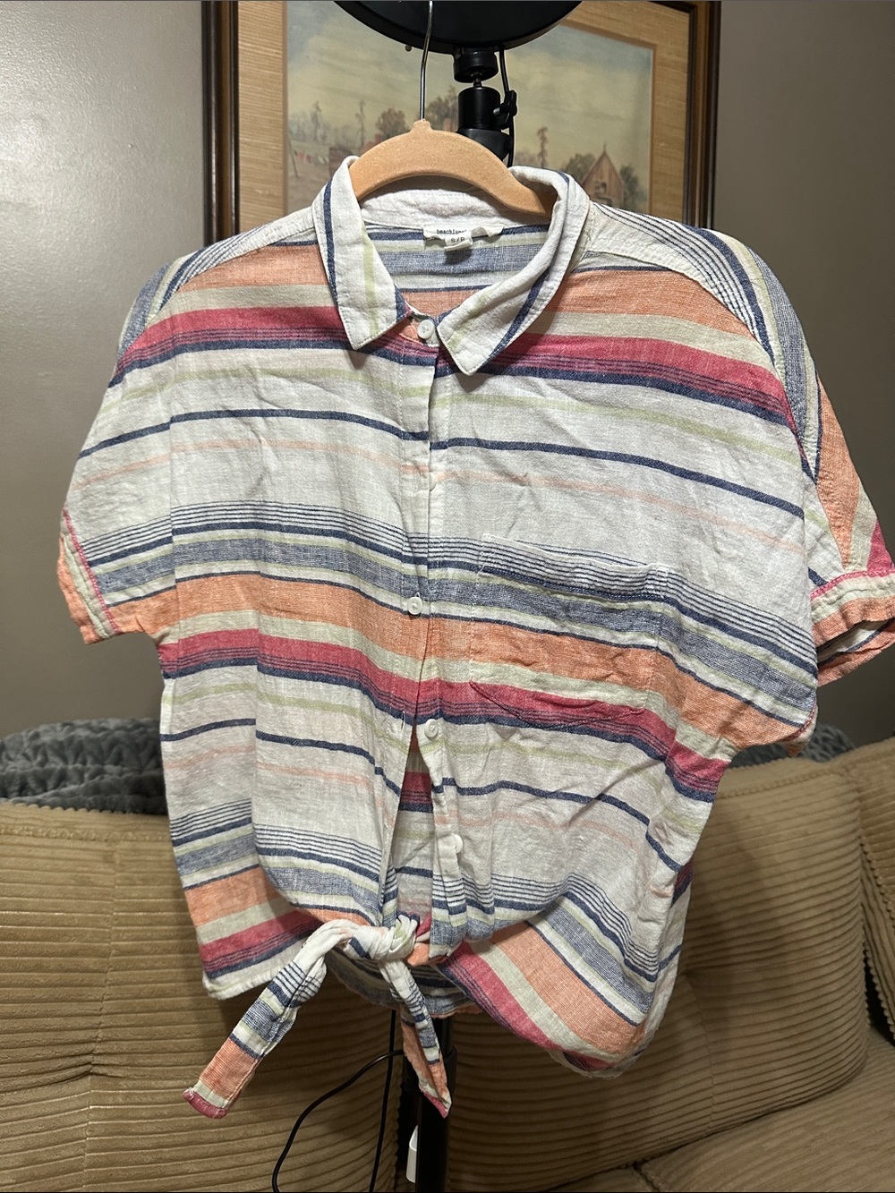 Beachlunchlounge Linen Blend Tie-Front Striped Short Sleeve Shirt